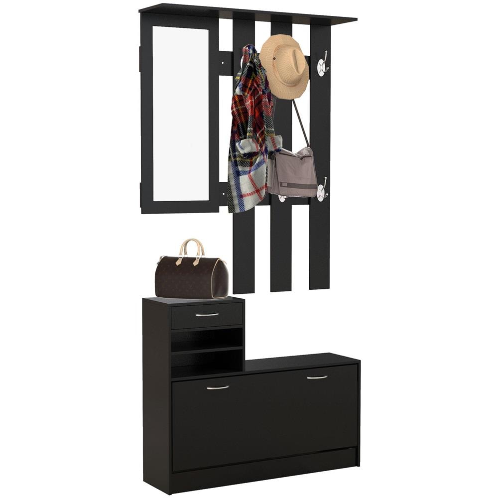 Mobile da Ingresso Appendiabiti con Scarpiera e Specchio, in Truciolato, 90x10x102 cm, Nero - Foto 1