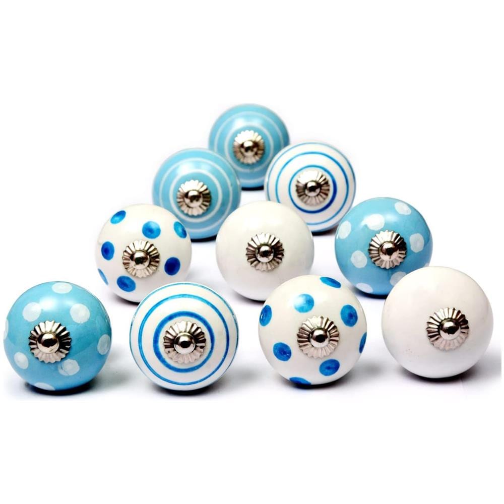 Set Di 10 Pomelli In Ceramica Bianco E Blu Maniglie Artigianali Per Armadi, Cassetti, Cassettiere E Appendiabiti Diametro 40 Mm - Foto 1