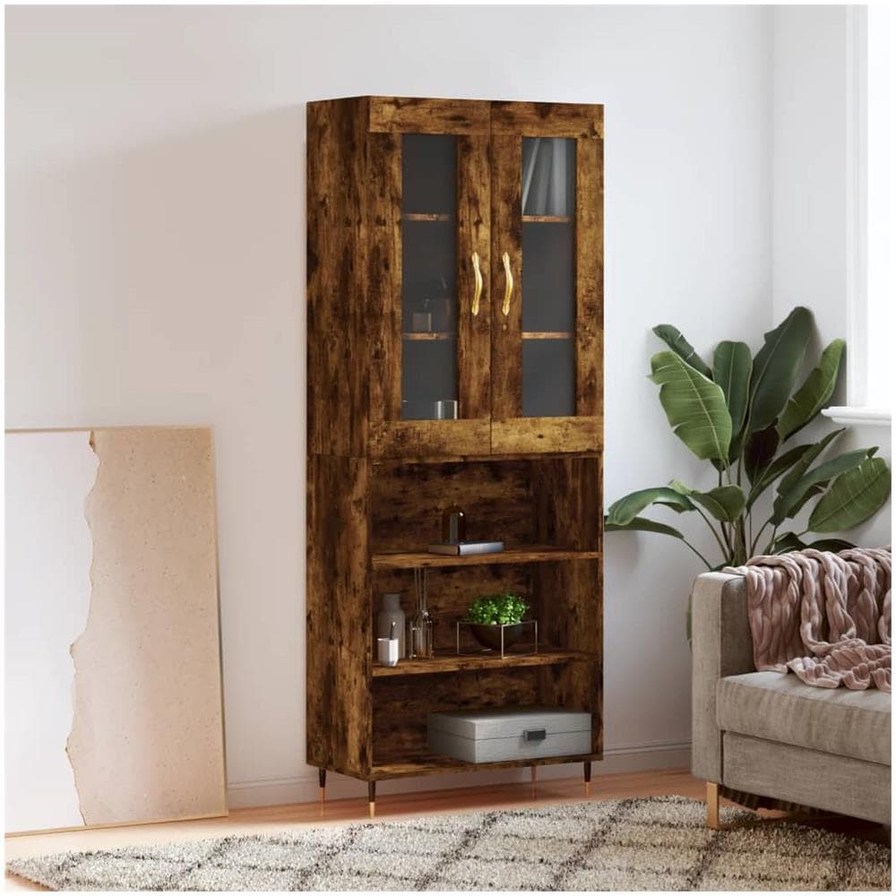 Credenza In Legno Multistrato Rovere Fumo – 69,5x31x115 Cm, Con Gambe In Metallo E Ante In Vetro, Design Moderno E Ampio Spazio