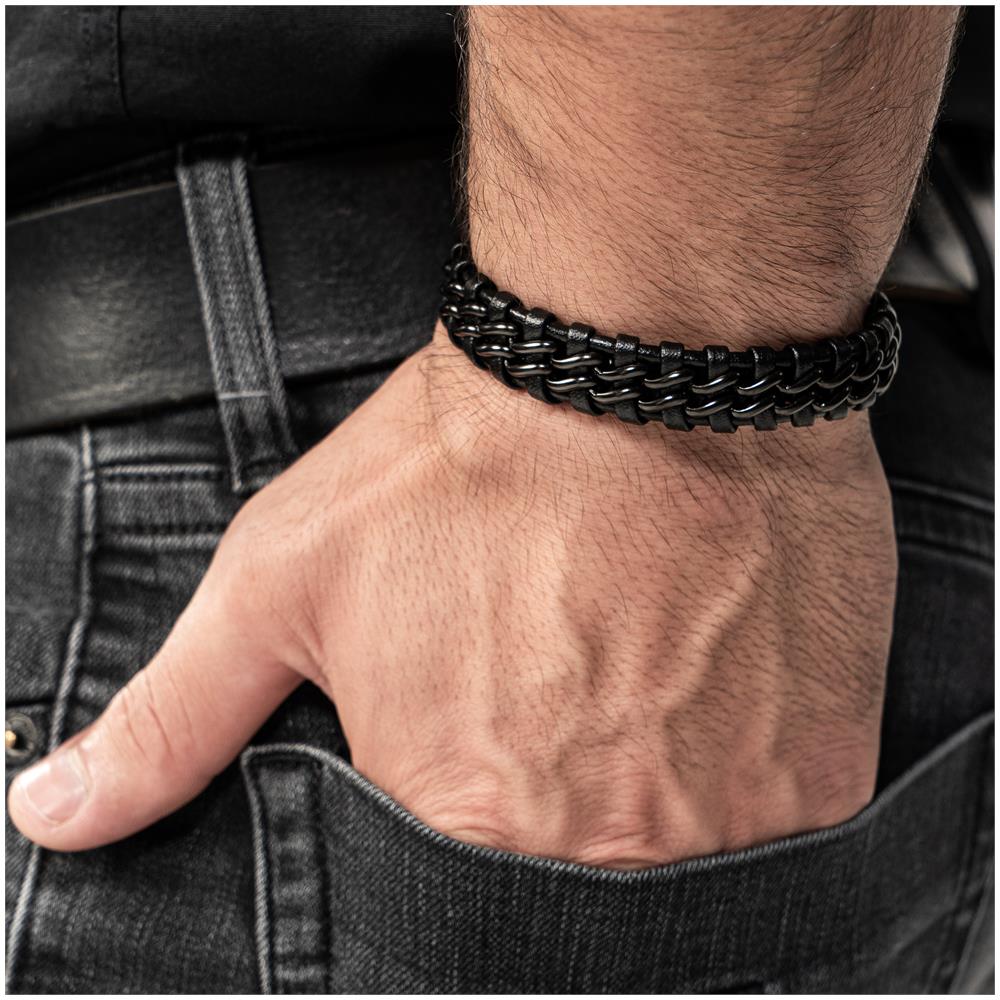 Bracciale in Pelle per Uomo, ""Steel"", 17cm, Nero - Foto 5