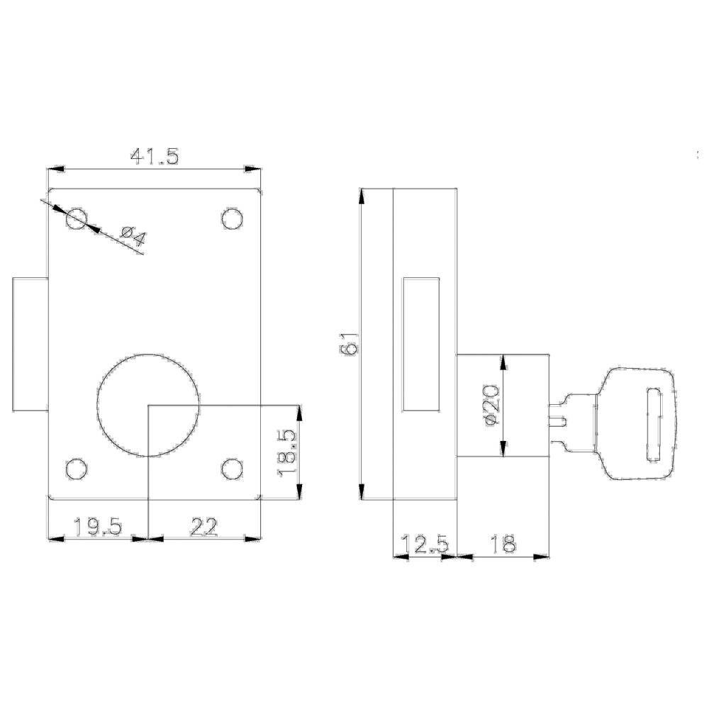 Serrature In Ottone Cromato Quadro Mm. 8 Da Appoggio, Ad Una Mandata, Misura Mm. 60 X 40, Cilindro Mm. 20, Sporgenza Cilindro Mm. 15. - Foto 2