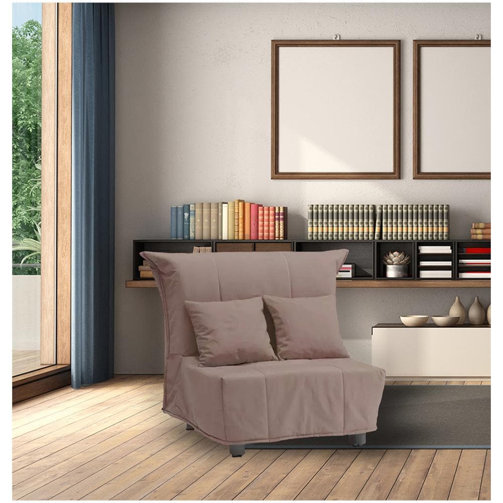 Divano Letto Alma, Divano Singolo, 100% Made In Italy, Poltrona Soggiorno Con Apertura A Carrello, In Tessuto Imbottito, Con Cuscini Inclusi, Cm 85x90h85, Tortora - Foto 1
