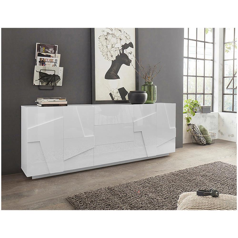 Credenza Mason, Madia Da Cucina A 4 Ante E 3 Cassetti, Buffet Da Soggiorno, 100% Made In Italy, Cm 224x44h86, Bianco Lucido - Foto 1