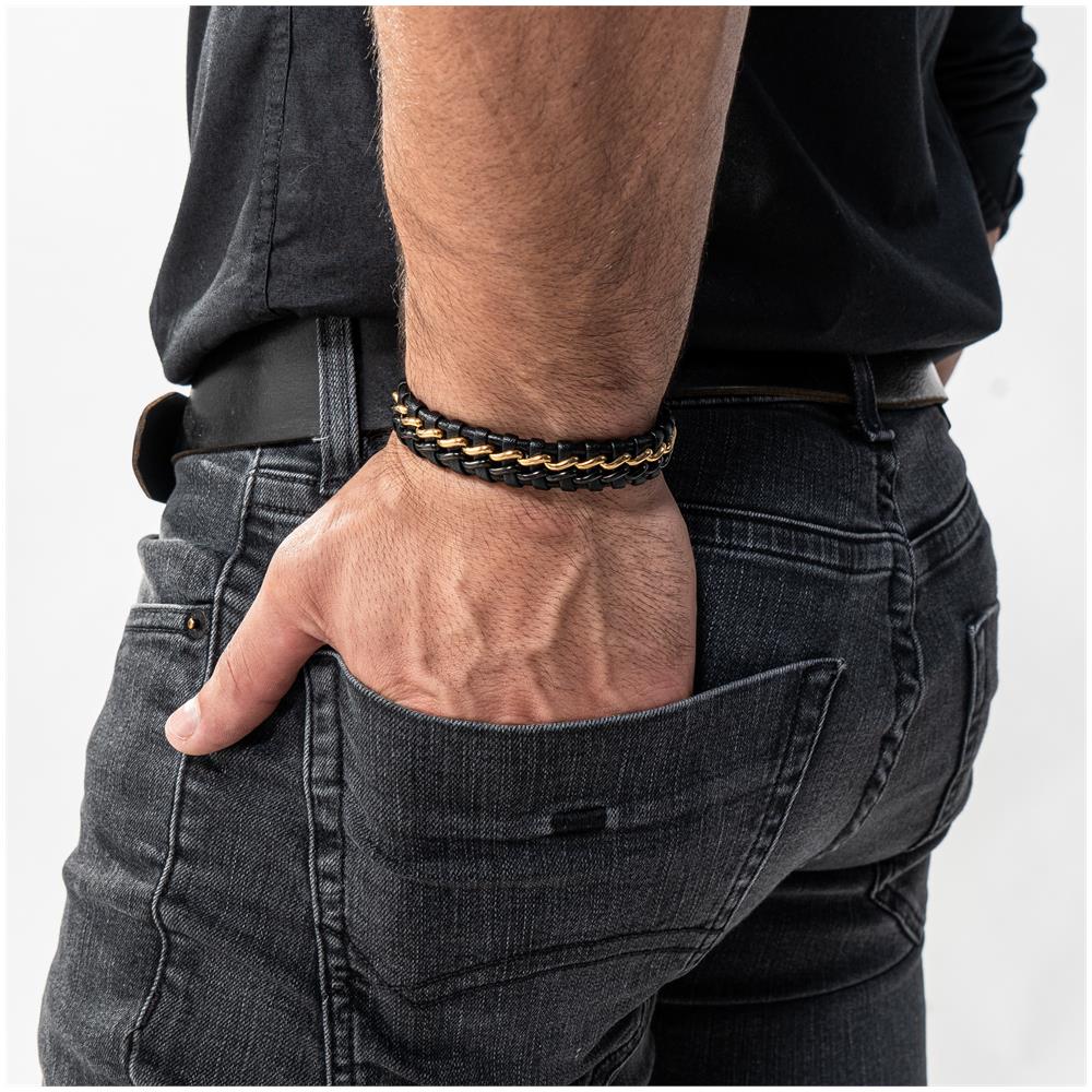 Bracciale in Pelle per Uomo, ""Steel"", 17cm, Oro /Nero - Foto 6