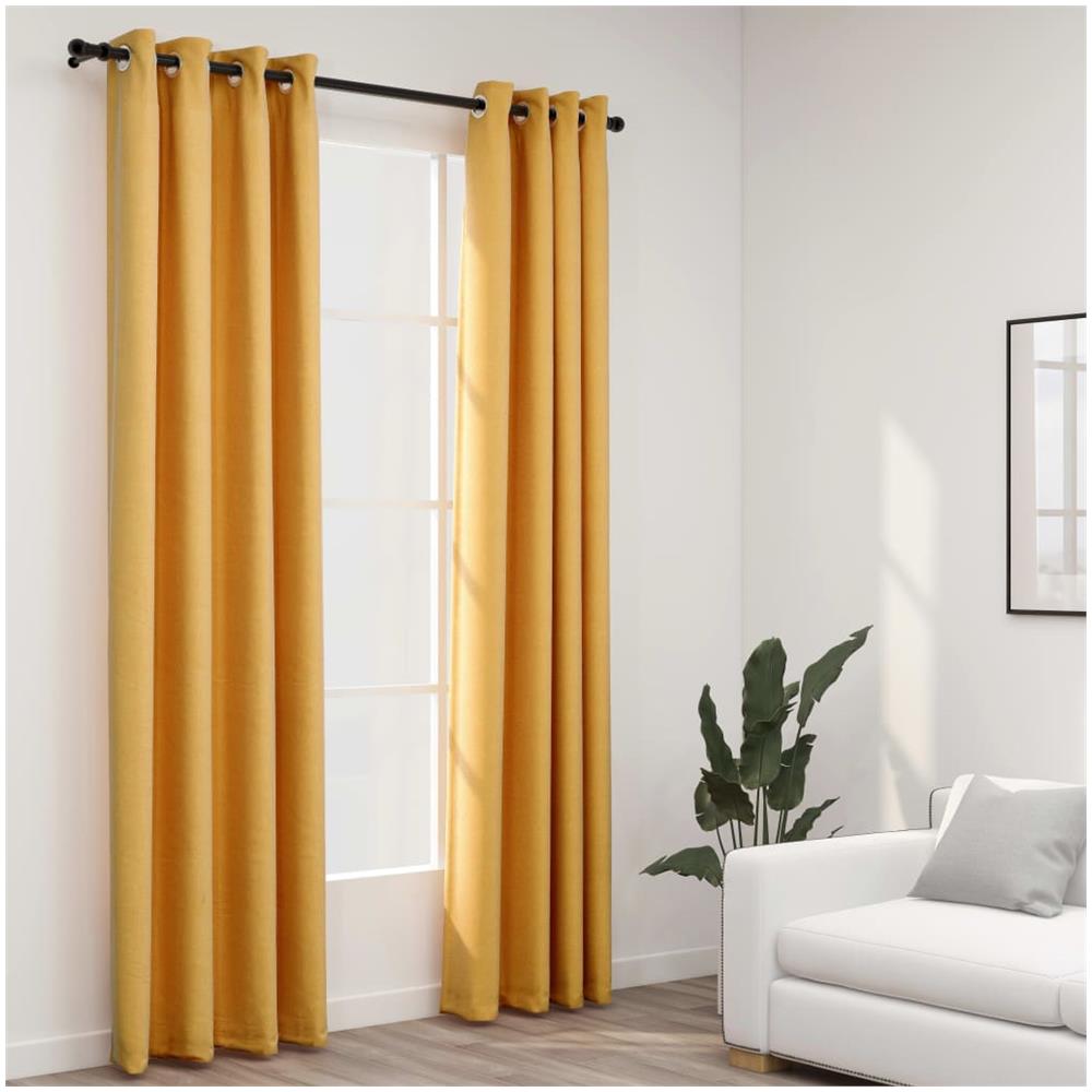 Tende Oscuranti Effetto Lino Con Occhielli 2pz Gialle 140x245cm - Foto 1