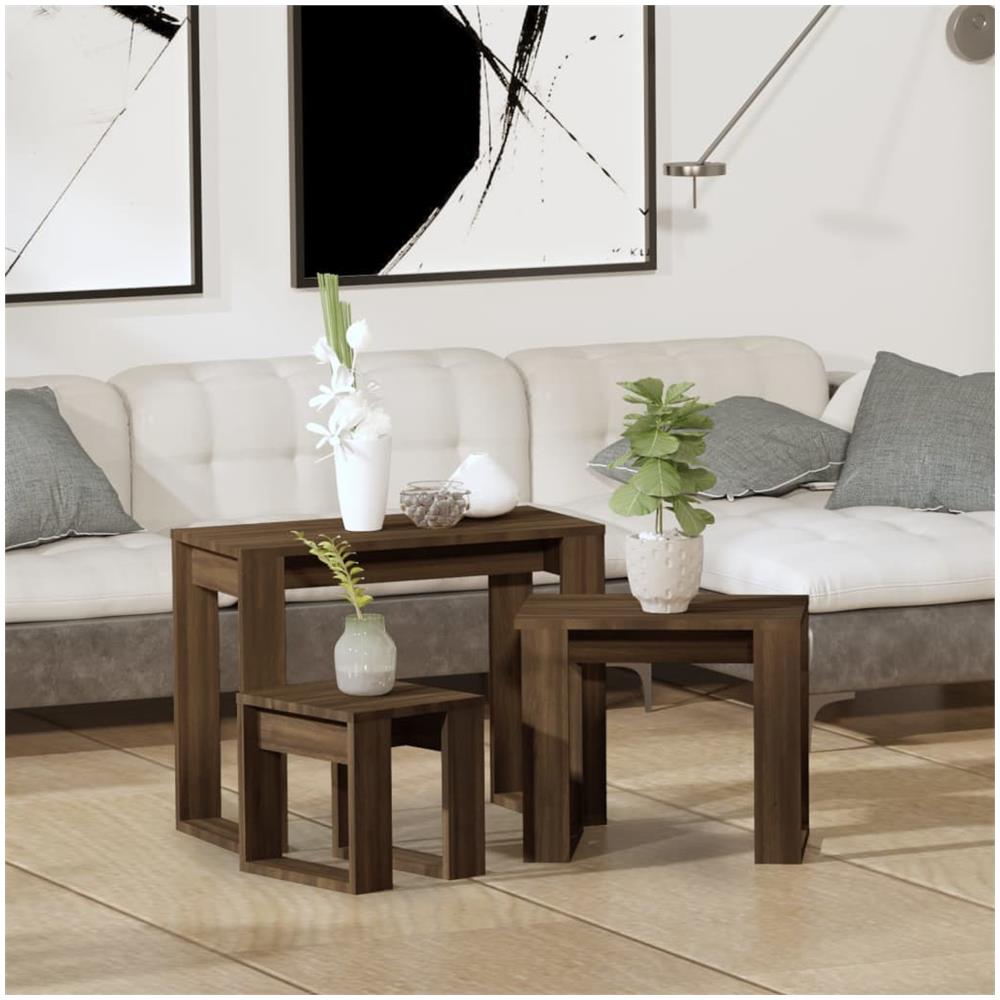 Tavolini Impilabili 3 Pz Rovere Marrone In Legno Multistrato - Foto 1