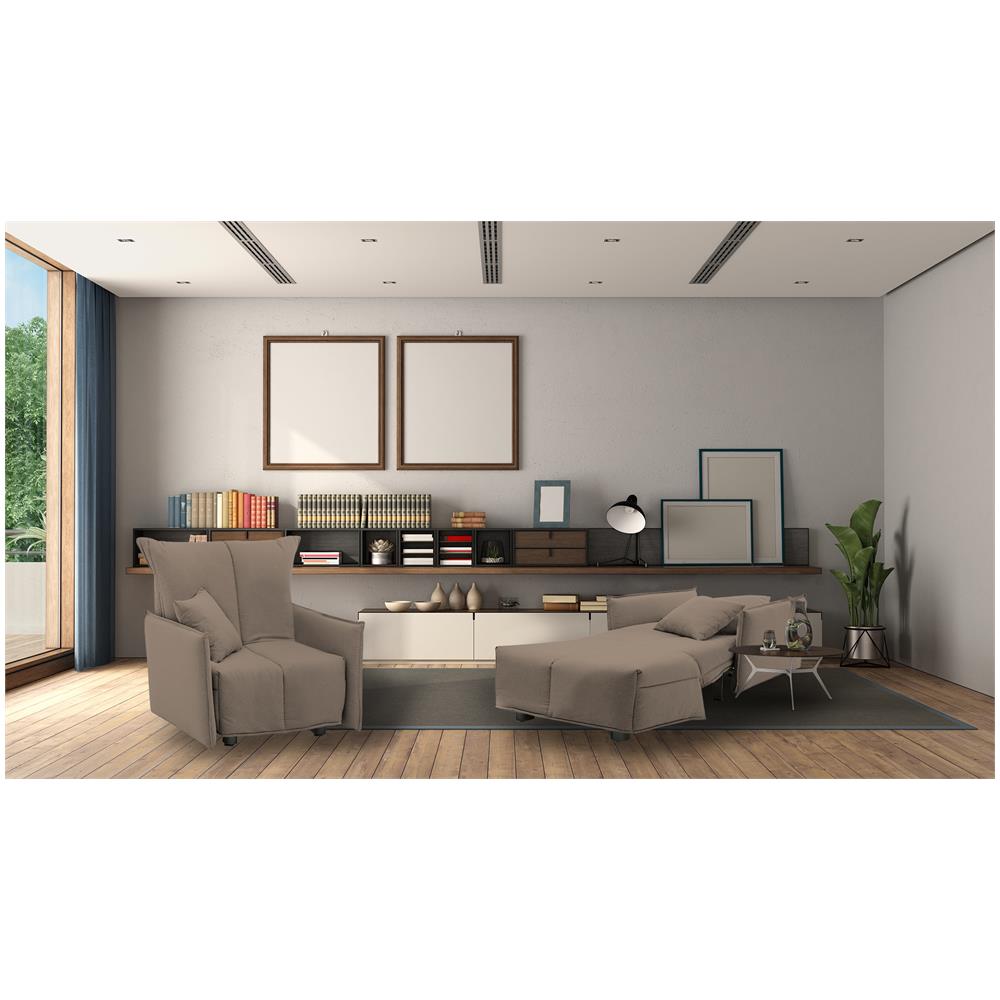 Divano Letto Almerinda, Divano Singolo, 100% Made In Italy, Poltrona Soggiorno Con Apertura A Carrello, In Tessuto Imbottito, Con Braccioli Standard, Cm 110x90h85, Tortora - Foto 1