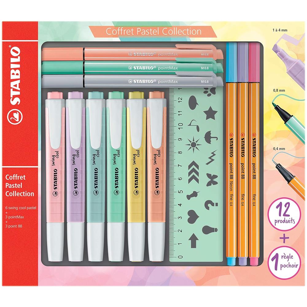 Pastel Collection - Set Creativo - 6 evidenziatori swing cool pastel, 3 fineliner point 88, 3 pointMax, 1 righello stencil - Foto 1