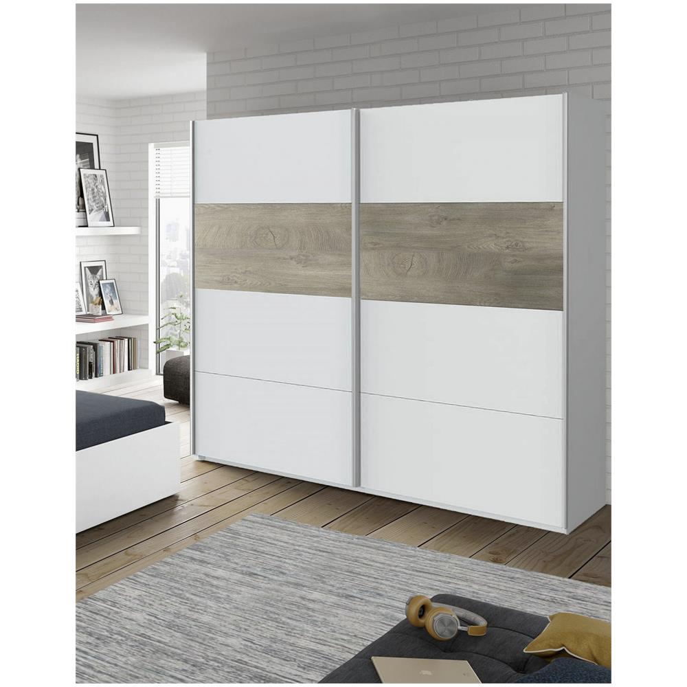 Guardaroba Elgin, Armadio Per Camera Da Letto A 2 Ante Scorrevoli, Mobile Con Barra Appendiabiti E 3 Ripiani, 180x60h200 Cm, Bianco E Rovere - Foto 1