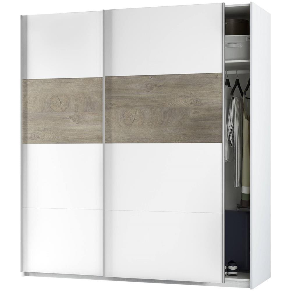 Guardaroba Elgin, Armadio Per Camera Da Letto A 2 Ante Scorrevoli, Mobile Con Barra Appendiabiti E 3 Ripiani, 180x60h200 Cm, Bianco E Rovere - Foto 4