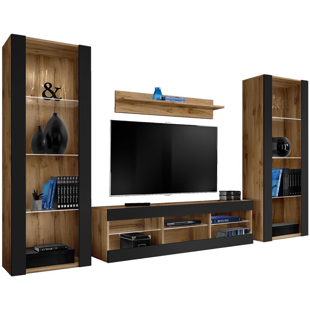 Komodee, Set di mobili porta TV Tivoli Grande RTV, Wotan Nero, Senza LED, Larghezza 250 cm x Altezza 159 cm x Profondità 35 cm, Per soggiorno, Camera da letto - Foto 1