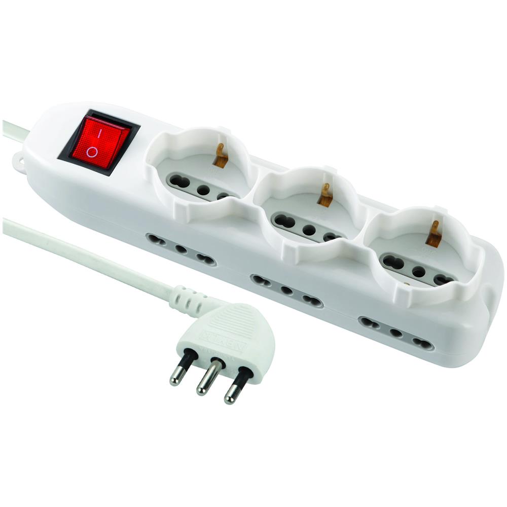 Multipresa 9 Posti: 3 Prese Schuko Bivalenti 10/16a +6 Prese Bivalenti 10/16a. Cavo 1,5m, Interruttore Luminoso E Spina Angolare - Foto 1