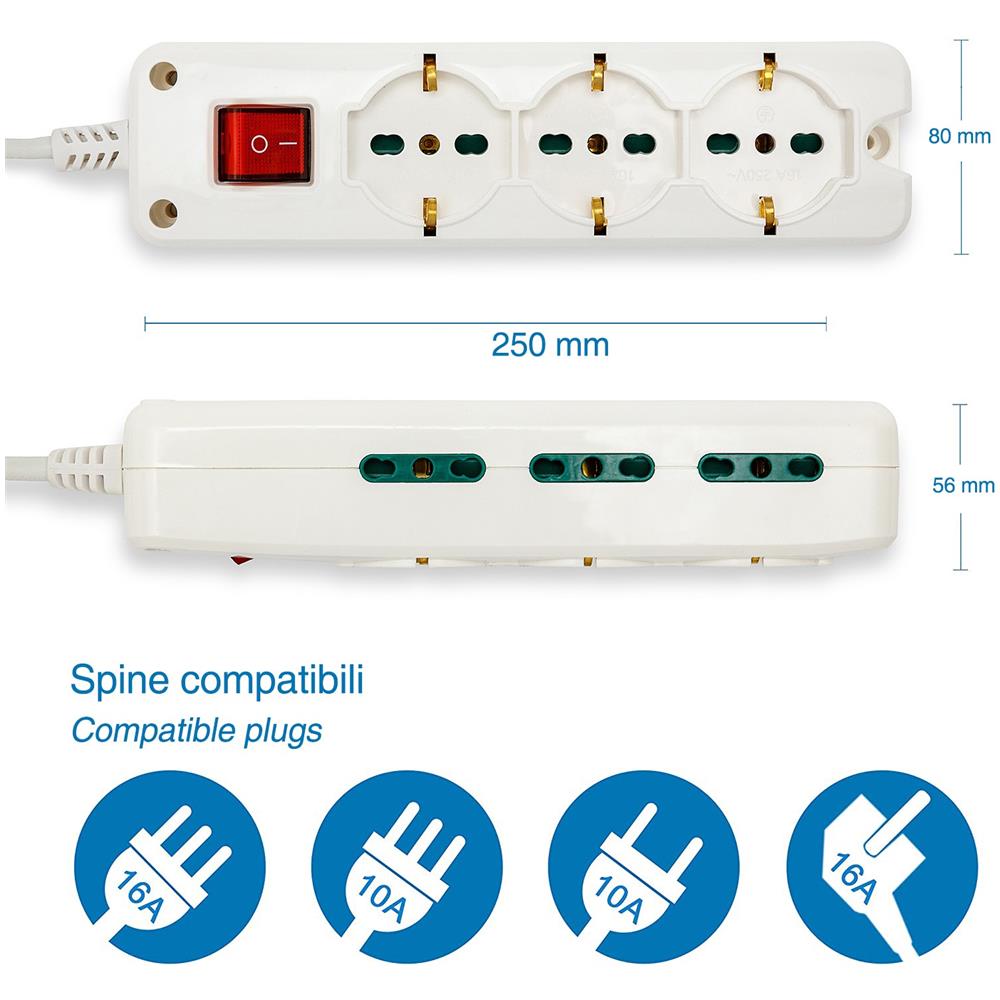 Multipresa 9 Posti: 3 Prese Schuko Bivalenti 10/16a +6 Prese Bivalenti 10/16a. Cavo 1,5m, Interruttore Luminoso E Spina Angolare - Foto 2