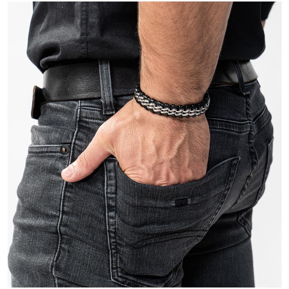 Bracciale in Pelle per Uomo, ""Steel"", 17cm, Argento - Foto 2