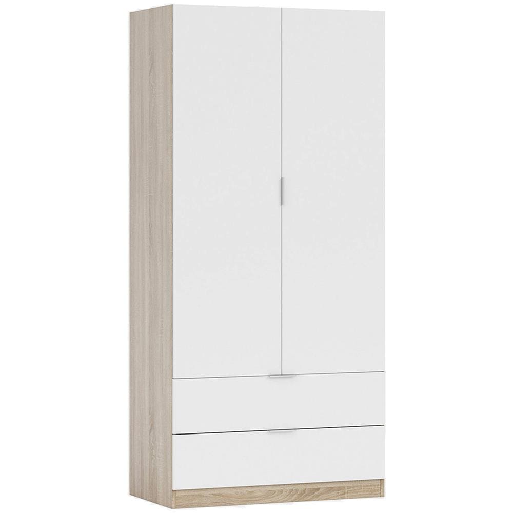 Guardaroba Worcester, Armadio Per Camera Da Letto A 2 Ante E 2 Cassetti, Mobile Con Barra Appendiabiti, 82x52h180 Cm, Bianco E Rovere - Foto 2
