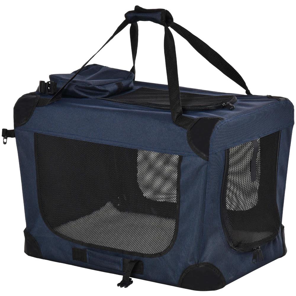Borsa per Cani a 3 Ingressi con Cuscino e Sacche Portaoggetti, in Tessuto Oxford Blu e Metallo, 70x51x50 cm - Foto 1
