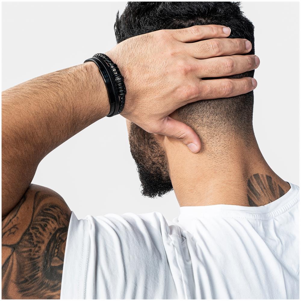 Bracciale in Pelle per Uomo, ""Shine"", 17cm, Nero - Foto 6