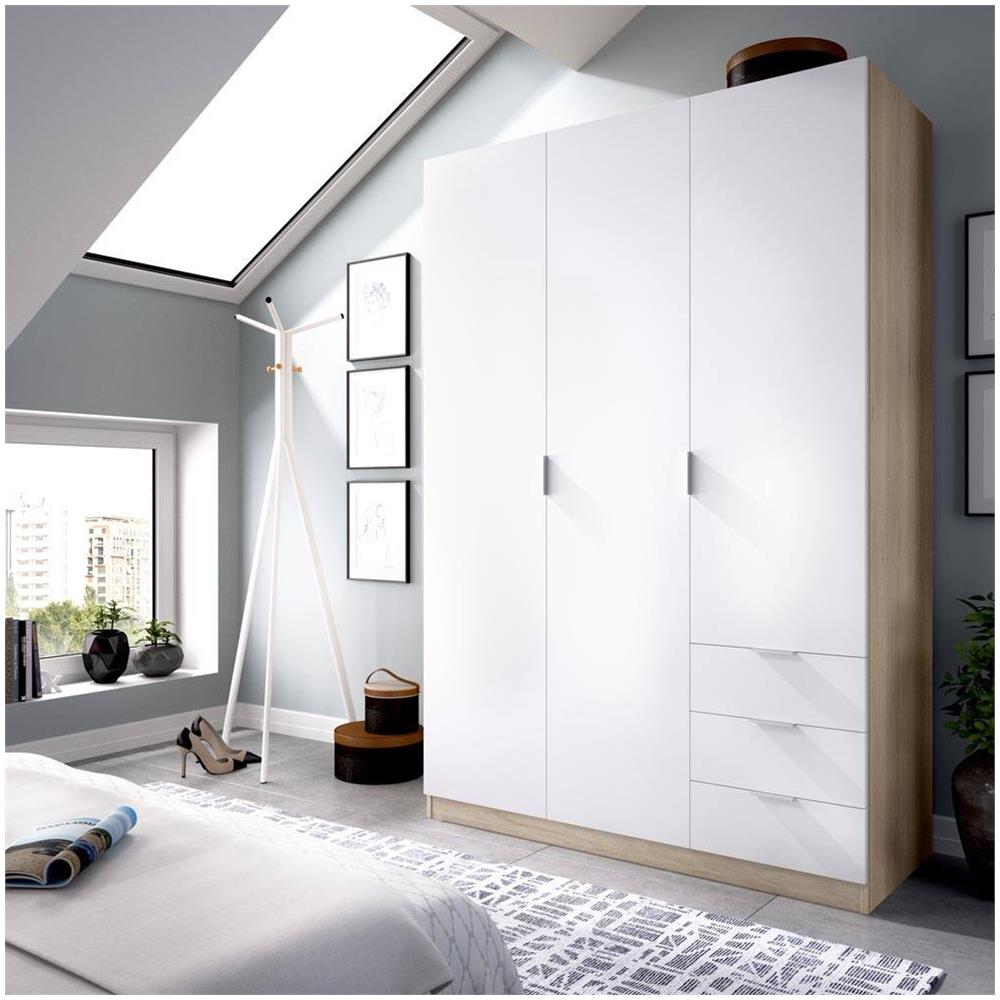 Guardaroba Allentown, Armadio Per Camera Da Letto A 3 Ante E 3 Cassetti, Mobile Con Barra Appendiabiti E 3 Ripiani, 121x52h180 Cm, Bianco E Rovere - Foto 1