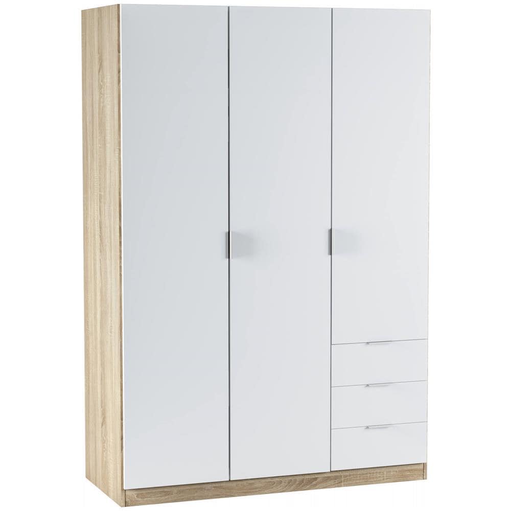 Guardaroba Allentown, Armadio Per Camera Da Letto A 3 Ante E 3 Cassetti, Mobile Con Barra Appendiabiti E 3 Ripiani, 121x52h180 Cm, Bianco E Rovere - Foto 2