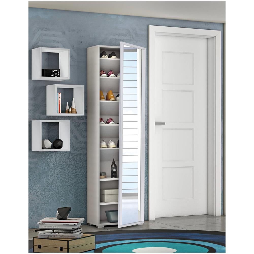 Scarpiera Datura, Mobile Multiuso Da Ingresso Con Anta A Specchio, Armadio Moderno Portascarpe A 7 Ripiani, 100% Made In Italy, 50x32hx182 Cm, Bianco - Foto 4