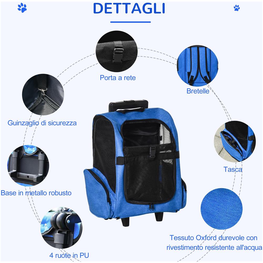 Trasportino Zaino 2 in 1 per Cani e Gatti con Tasche e Maniglia Telescopica, 42x25x55cm, Blu - Foto 6