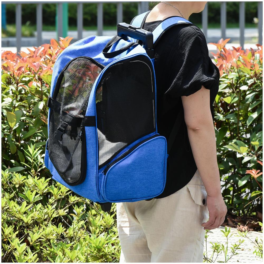 Trasportino Zaino 2 in 1 per Cani e Gatti con Tasche e Maniglia Telescopica, 42x25x55cm, Blu - Foto 2