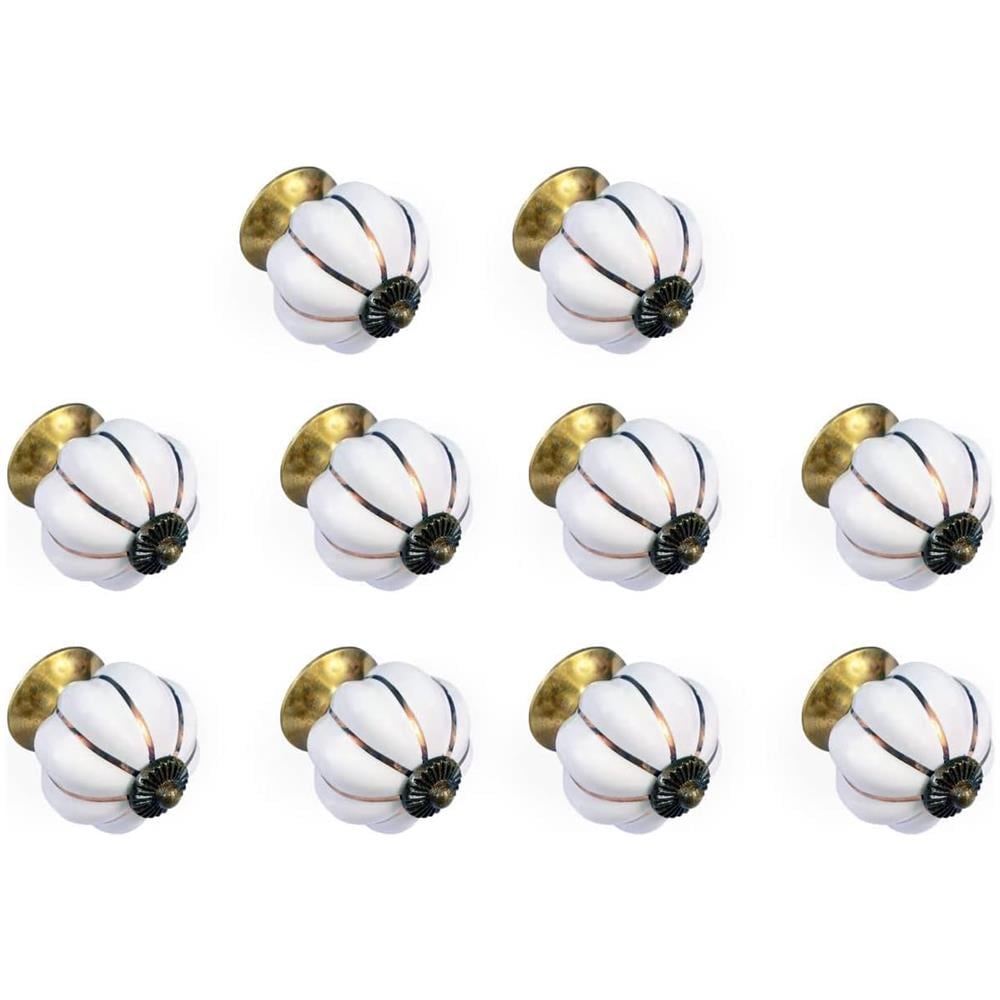 Set Di 10 Pomelli In Ceramica Bianca Con Dettagli Dorati Maniglie Artigianali Per Armadi, Cassetti, Cassettiere E Appendiabiti Diametro 40 Mm - Foto 1