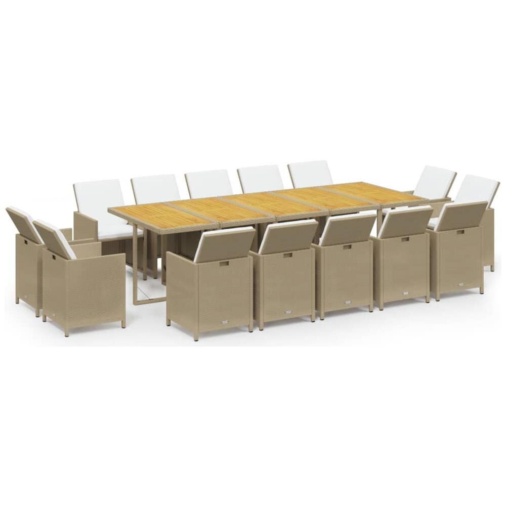 Set Da Pranzo Per Giardino 15pz Con Cuscini In Polyrattan Beige - Foto 1