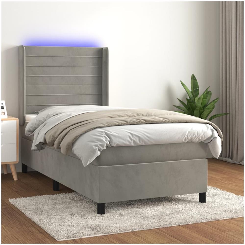 Letto A Molle Materasso E Led Grigio Chiaro 90x200 Cm Velluto - Foto 1