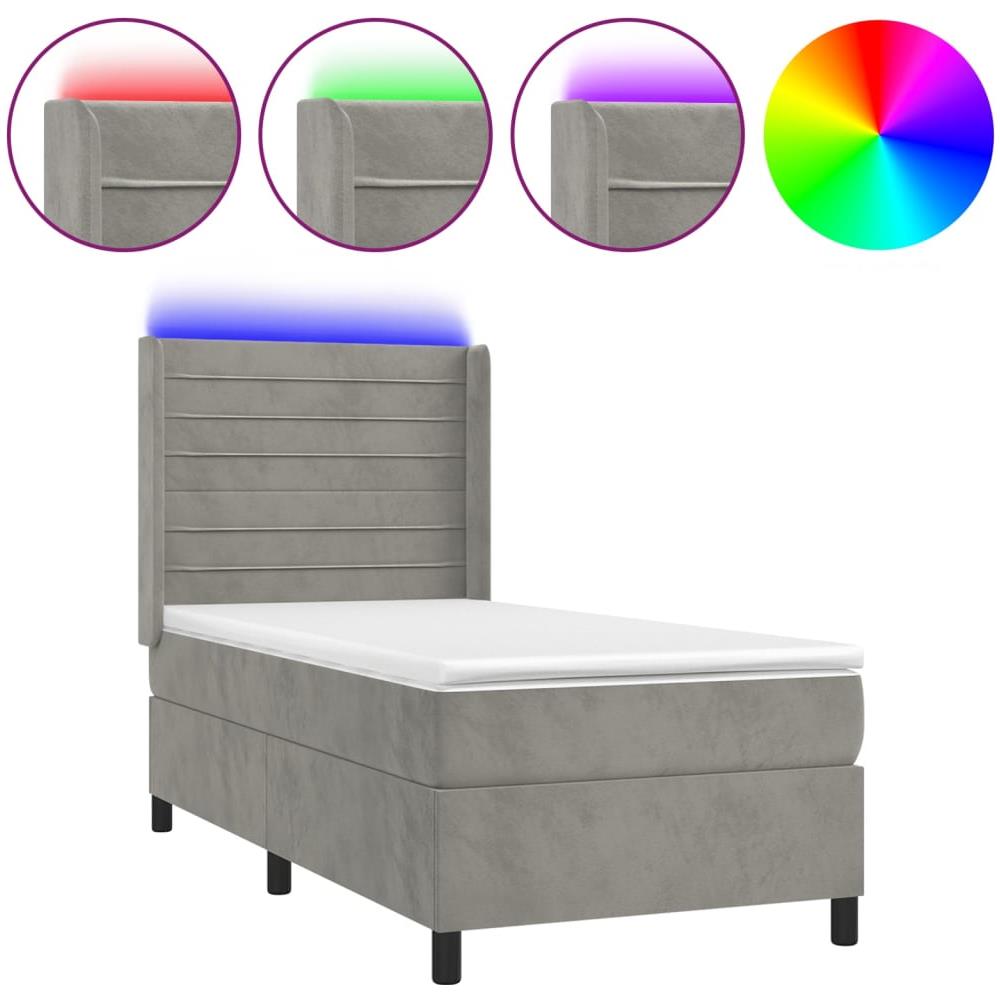 Letto A Molle Materasso E Led Grigio Chiaro 90x200 Cm Velluto - Foto 2