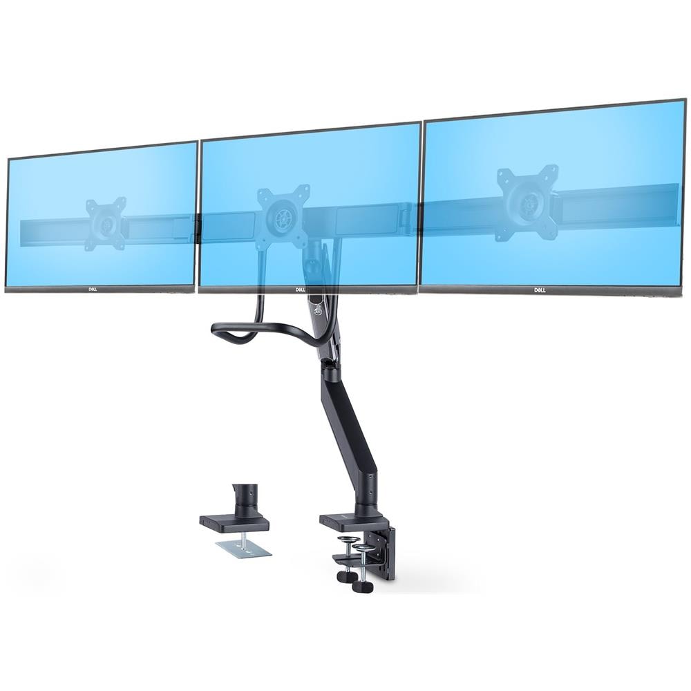 Supporto per 3 monitor da 27" a barra trasversale, VESA 75x75/100x100, regolazioni senza attrezzi, morsetto a C /occhiello, braccio a molla - Foto 1