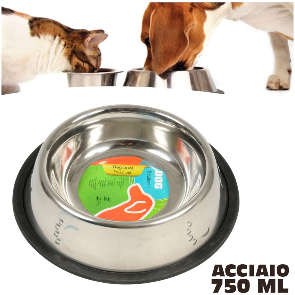 Ciotola Per Cani Gatti In Acciaio 750 Ml Antiscivolo Per Cibo Acqua Crocchette - Foto 1