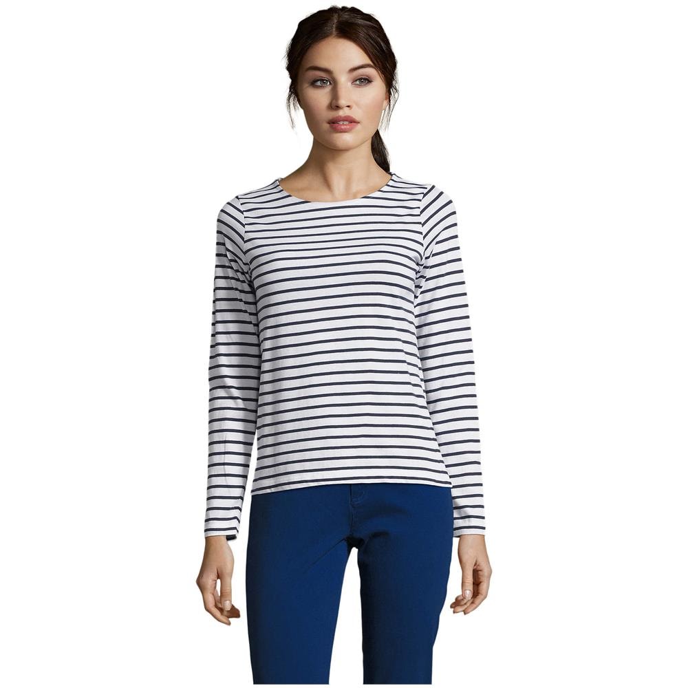 T-shirt Da Donna A Maniche Lunghe A Righe Di Colore E Taglia Blu Marino L - Foto 1