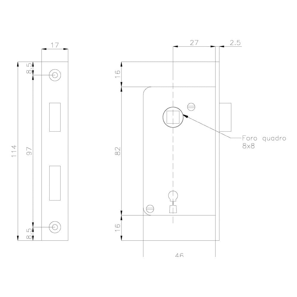 Serratura Da Incasso In Ottone Cromatocon Chiave. Incasso Mm. 83 X 46. Quadro Mm. 8 - Foto 2