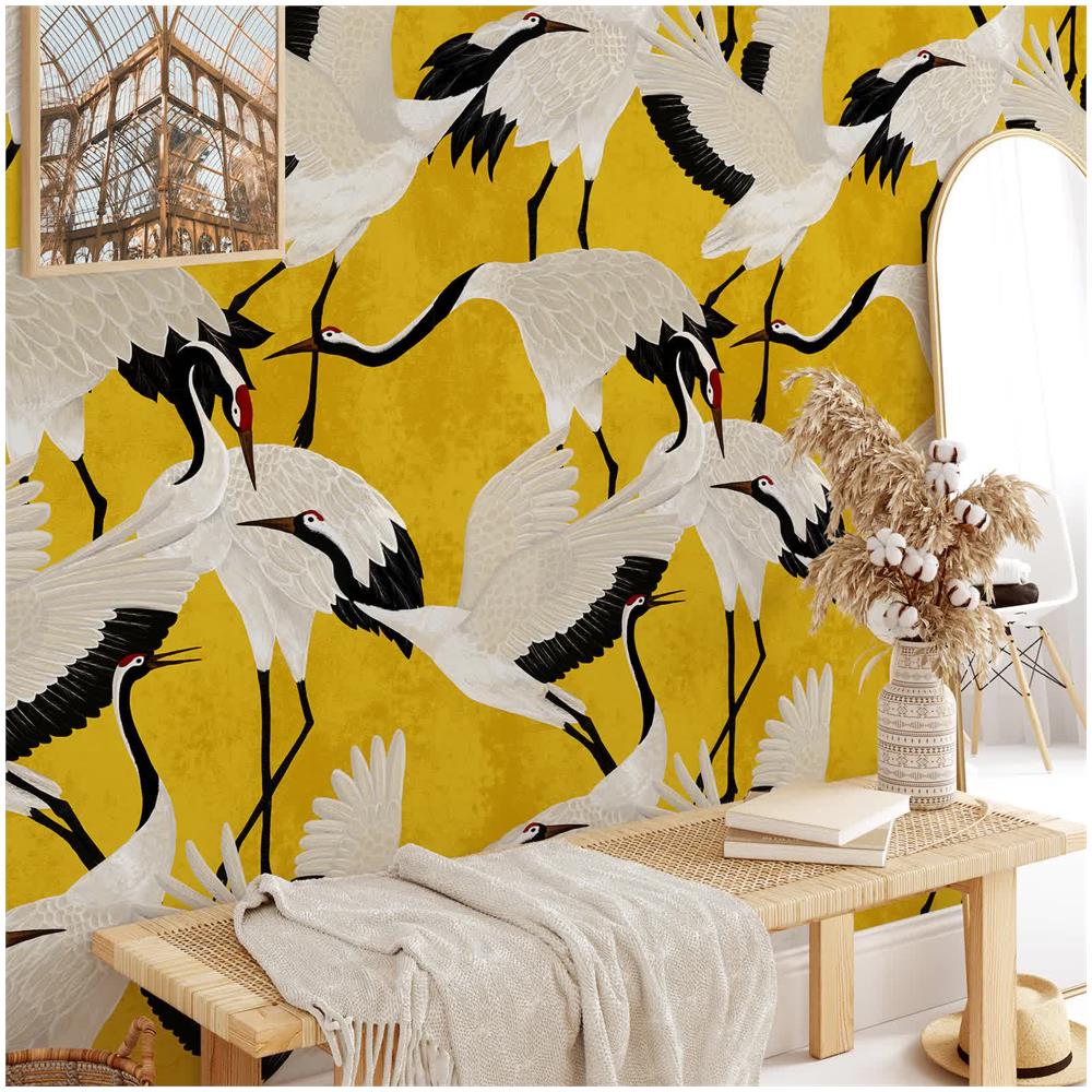 Carta Da Parati Aironi Oro In Fogli Di Vera Carta Vegana, Made In Italy, 200x280cm, 5,5mq - Foto 2