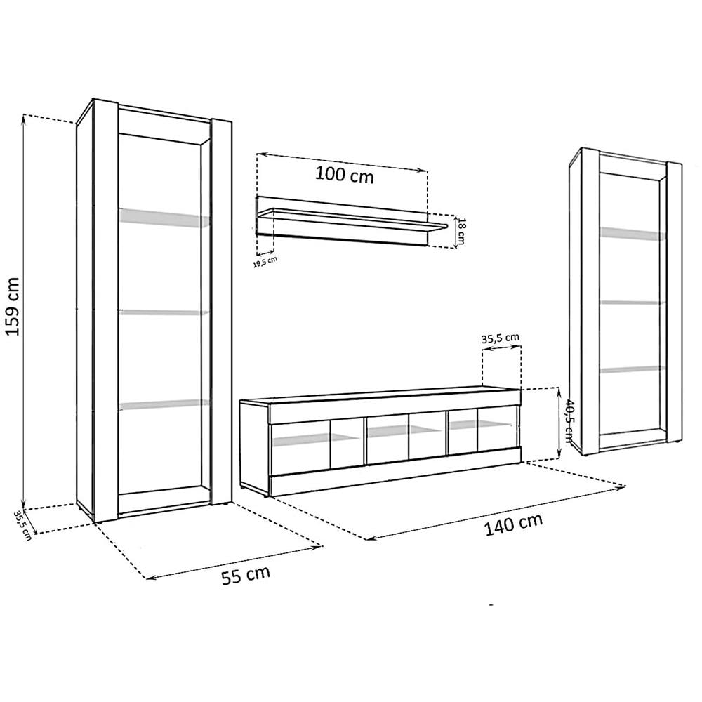 Komodee, Set di mobili porta TV Tivoli Grande RTV, Nero Bianco, Senza LED, Larghezza 250 cm x Altezza 159 cm x Profondità 35 cm, Per soggiorno, Camera da letto - Foto 3