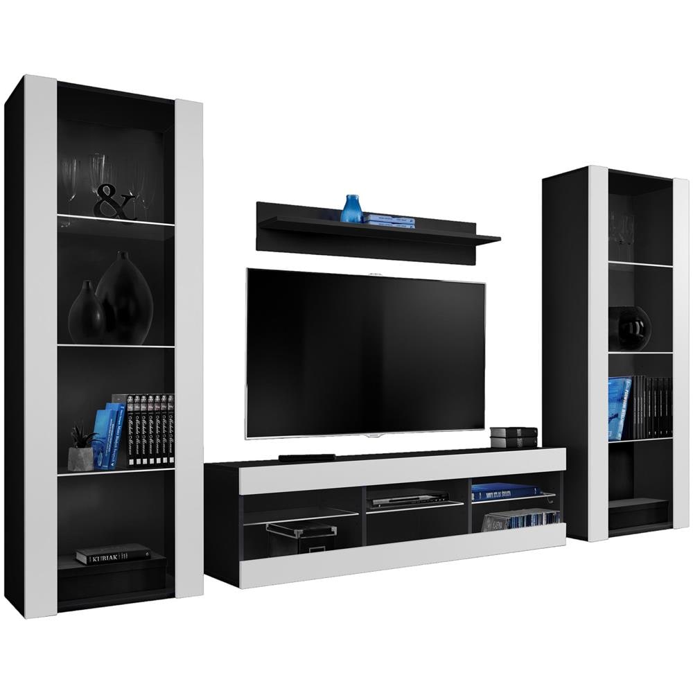 Komodee, Set di mobili porta TV Tivoli Grande RTV, Nero Bianco, Senza LED, Larghezza 250 cm x Altezza 159 cm x Profondità 35 cm, Per soggiorno, Camera da letto - Foto 1