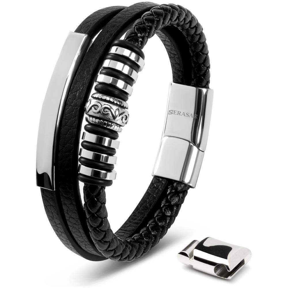 Bracciale in Pelle per Uomo, ""Shine"", 17cm, Argento - Foto 1