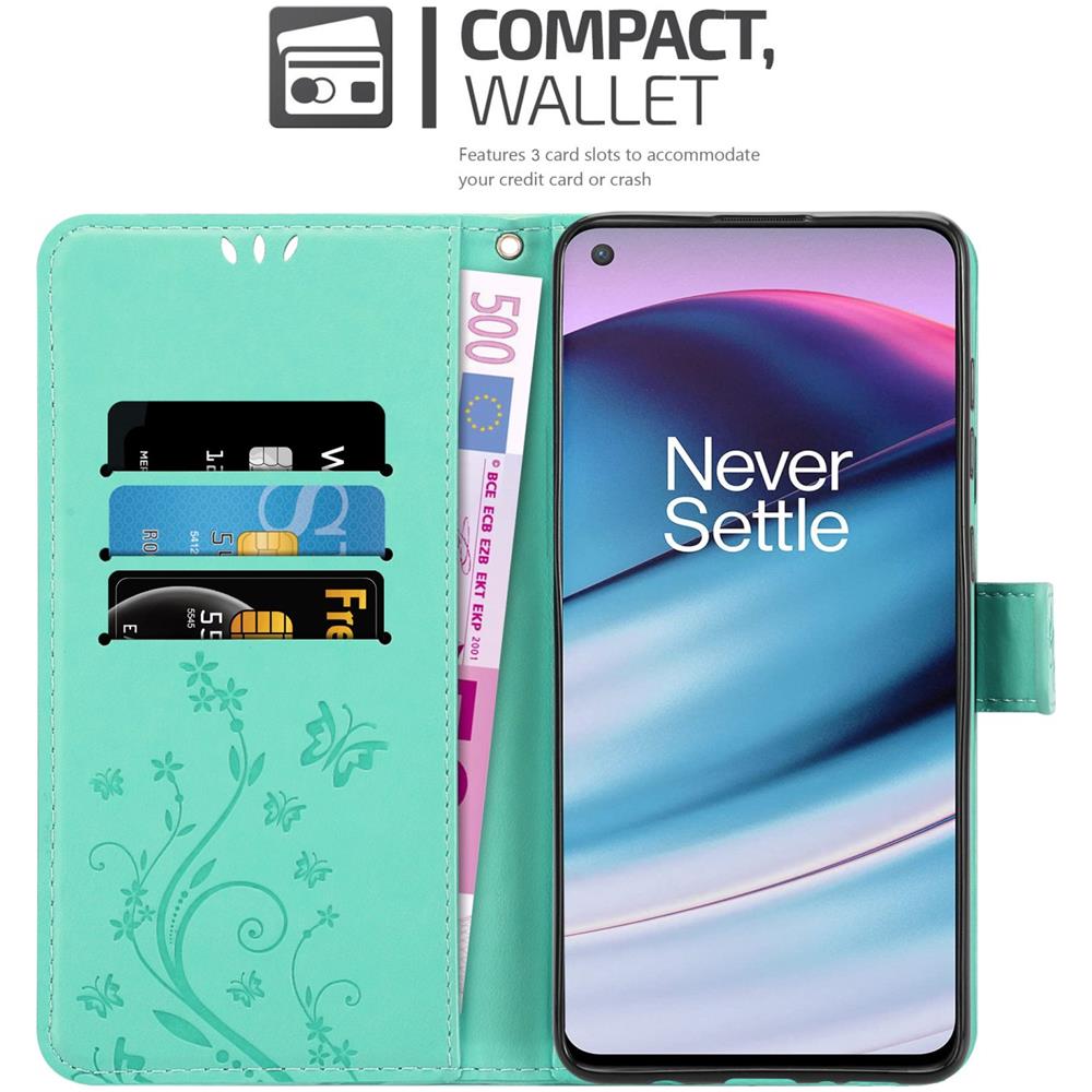 Custodia Compatibile Con Oneplus Nord Ce 5g In Turchese Fiore - Coperchio Protettivo In Design Floreale Con Chiusura Magnetica, Funzione Stand E Slot Per Carte - Foto 2