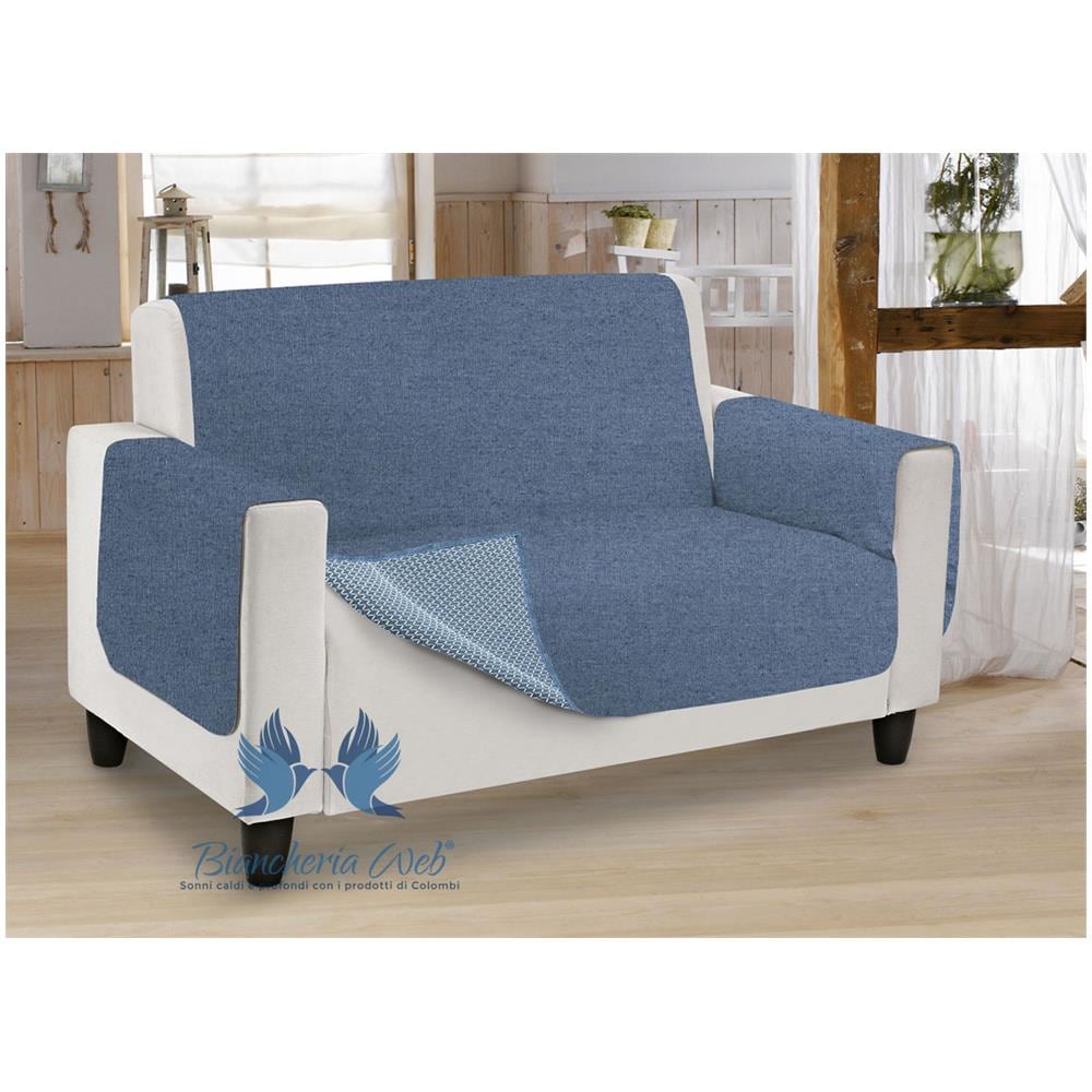 Copridivano Antiscivolo In Tinta Unita Modello O.B. 2 Posti Blu - Foto 1