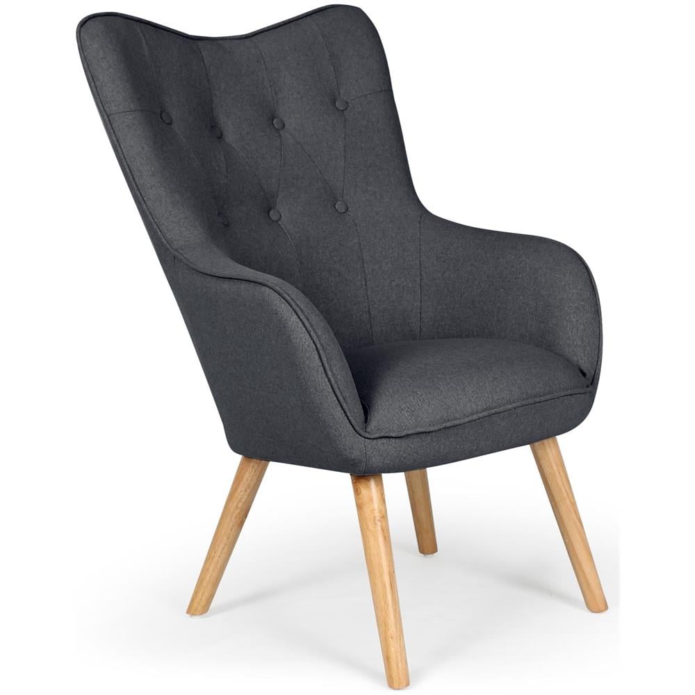 Poltrona scandinava in tessuto beige e legno di hevea tinto noce