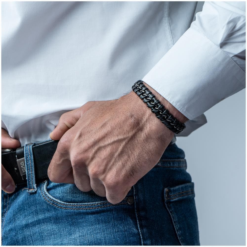 Bracciale in Pelle per Uomo ""Joy"" 17cm Nero - Foto 2