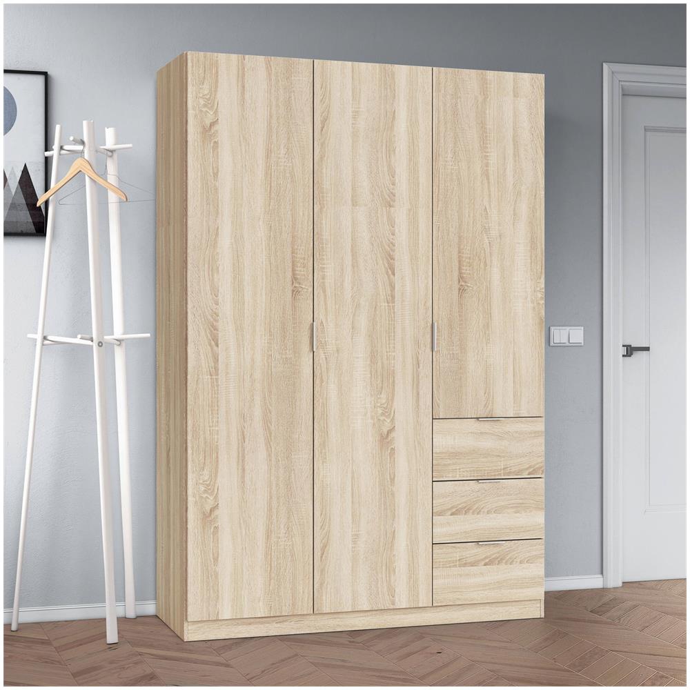 Guardaroba Fullerton, Armadio Per Camera Da Letto A 3 Ante E 3 Cassetti, Mobile Con 3 Ripiani E Barra Appendiabiti, 135x52h200 Cm, Rovere - Foto 1