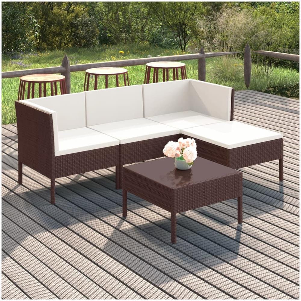 Set Divani Da Giardino 5 Pz Con Cuscini In Polyrattan Marrone - Foto 1