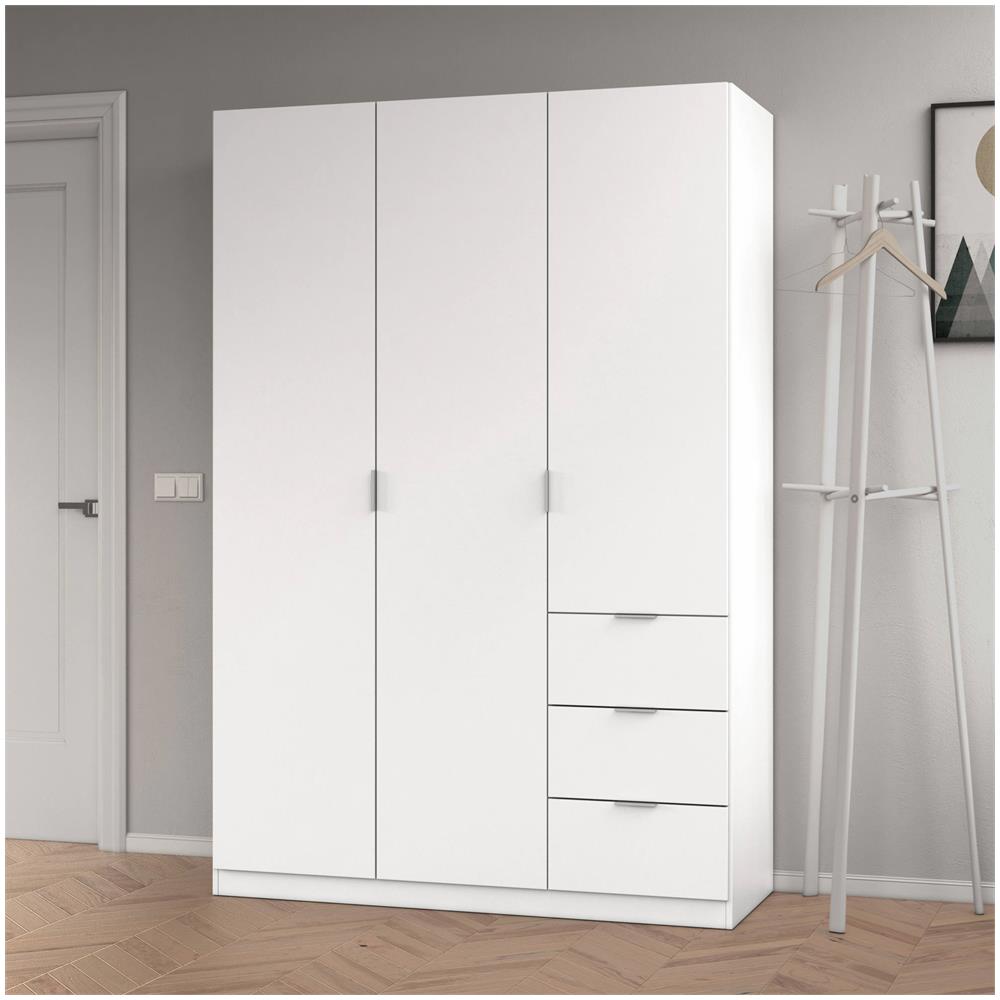 Guardaroba Fullerton, Armadio Per Camera Da Letto A 3 Ante E 3 Cassetti, Mobile Con 3 Ripiani E Barra Appendiabiti, 135x52h200 Cm, Bianco - Foto 1