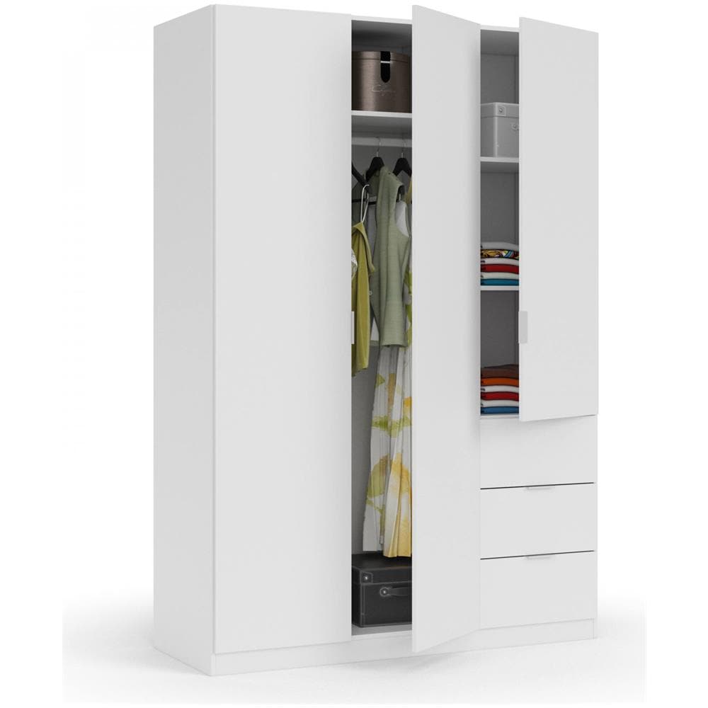 Guardaroba Fullerton, Armadio Per Camera Da Letto A 3 Ante E 3 Cassetti, Mobile Con 3 Ripiani E Barra Appendiabiti, 135x52h200 Cm, Bianco - Foto 3