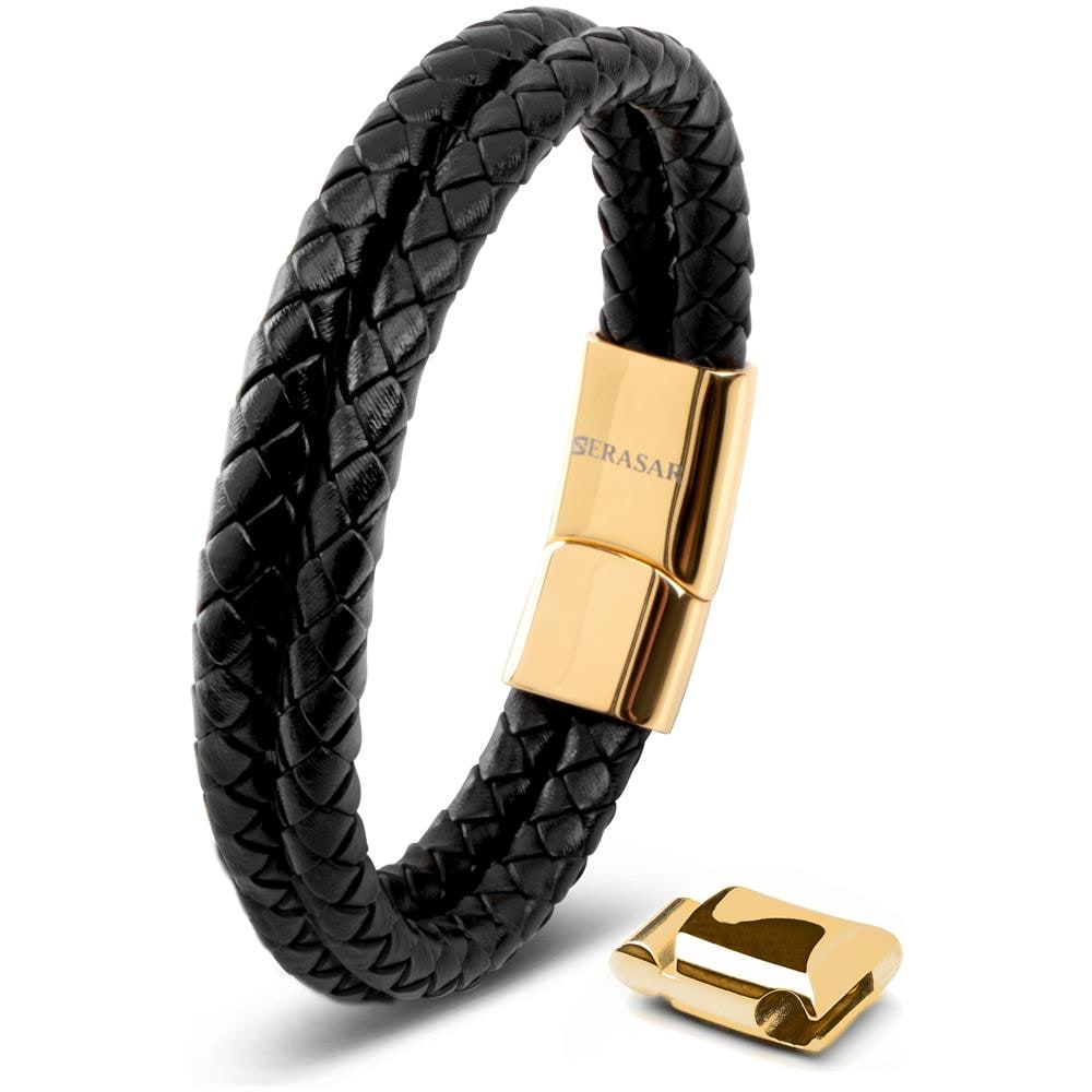 Bracciale in Pelle per Uomo, ""Double"", 17cm, Oro - Foto 1