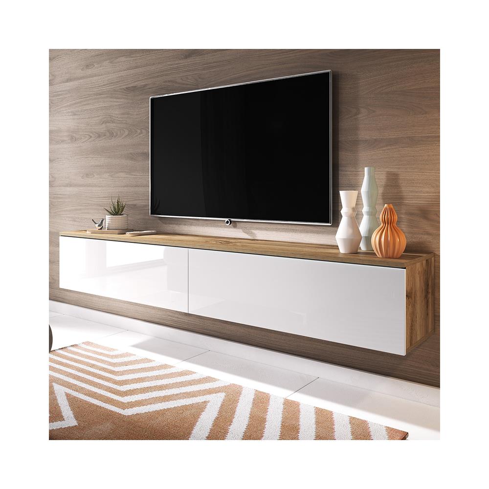 Kane - Mobile Tv Sospeso / Stile Scandinavo / Tavolino Tv Per Salotto / Porta Tv A Parete / Opzionali Luci Led (180 Cm, Quercia Dorata / Bianco Lucido, Senza Led) - Foto 2
