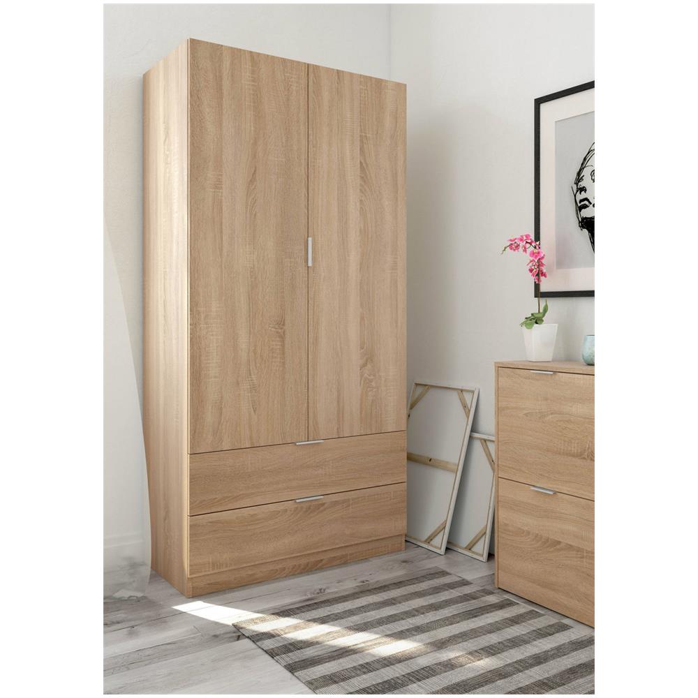 Guardaroba Burbank, Armadio Per Camera Da Letto A 2 Ante E 2 Cassetti, Mobile Per Camera Da Letto Con Barra Appendiabiti, 81x52h180 Cm, Rovere - Foto 1
