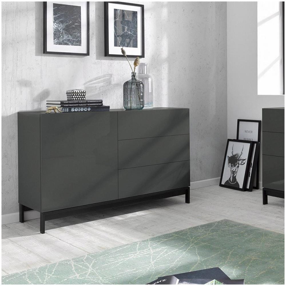 Credenza Sebastiano, Madia Da Cucina A 1 Anta E 3 Cassetti, Buffet Da Soggiorno, 100% Made In Italy, Cm 110x40h47, Antracite Lucido - Foto 1
